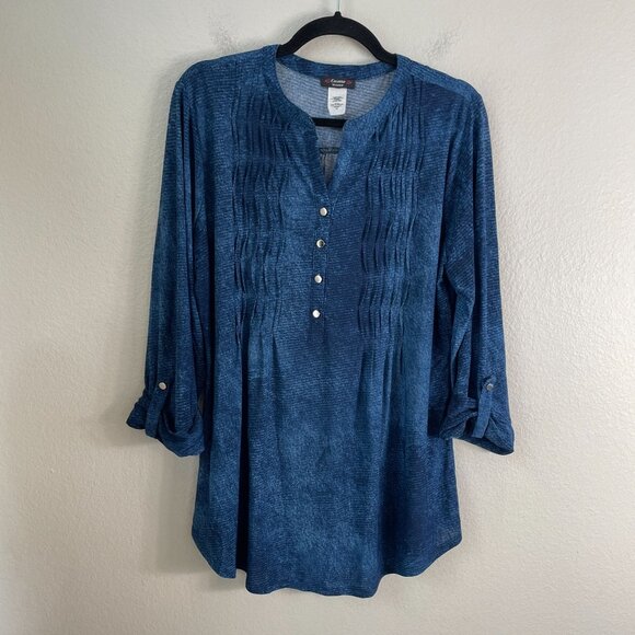 Cocomo Woman Plus 1X Blue Pleated Tunic Top Stretch Button Front Roll Tab Sleeve - Picture 6 of 9